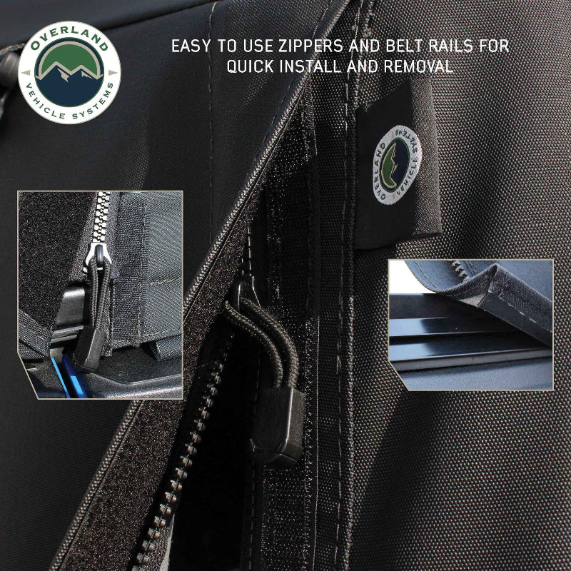 Image showing a close-up of the Explorer Soft Shell bed topper's zipper and belt rail attachment system, illustrating the easy and quick install and removal process. Inset images provide detailed views of the zipper pulls and the way the fabric secures to the belt rail