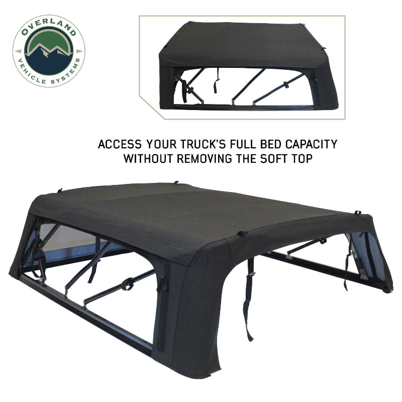Image of a black soft shell camper top for a pickup truck, shown partially assembled and fully assembled on a white background. Text reads "ACCESS YOUR TRUCK'S FULL BED CAPACITY WITHOUT REMOVING THE SOFT TOP"