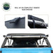 Image of a black soft shell camper top on a blue pickup truck, showing the rear window rolled up on a white background. Close-up photos show the buckle and strap used for rolling up the window