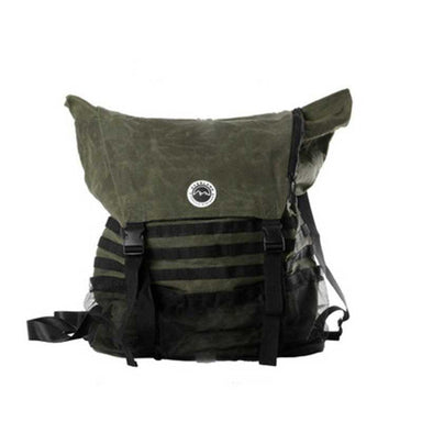 Image of a rugged green and black backpack with a roll-top closure, multiple straps, and mesh pockets, presented on a white background.