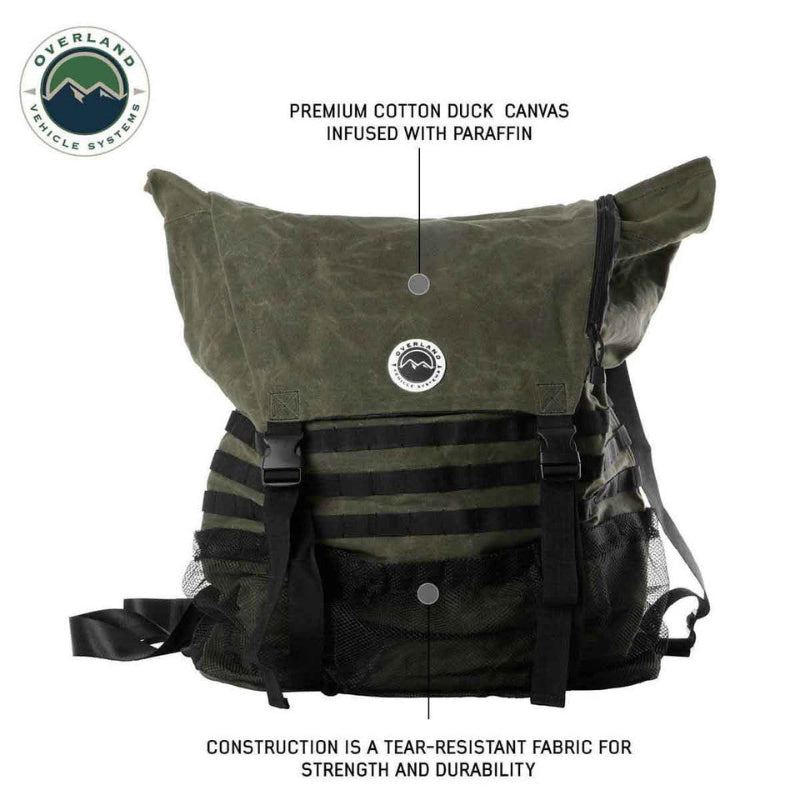 Image of a green and black backpack, highlighting its premium cotton duck canvas infused with paraffin and its tear-resistant fabric construction for strength and durability.
