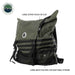 Image of a green and black backpack, highlighting its large zipper pouch on the flap and large mesh pouches for additional storage.