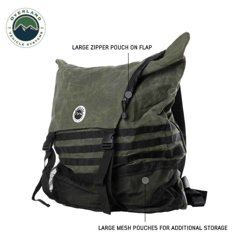 Image of a green and black backpack, highlighting its large zipper pouch on the flap and large mesh pouches for additional storage.