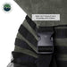 Image of a close-up on a heavy-duty buckle with a nylon ballistic strap on a green and black backpack.