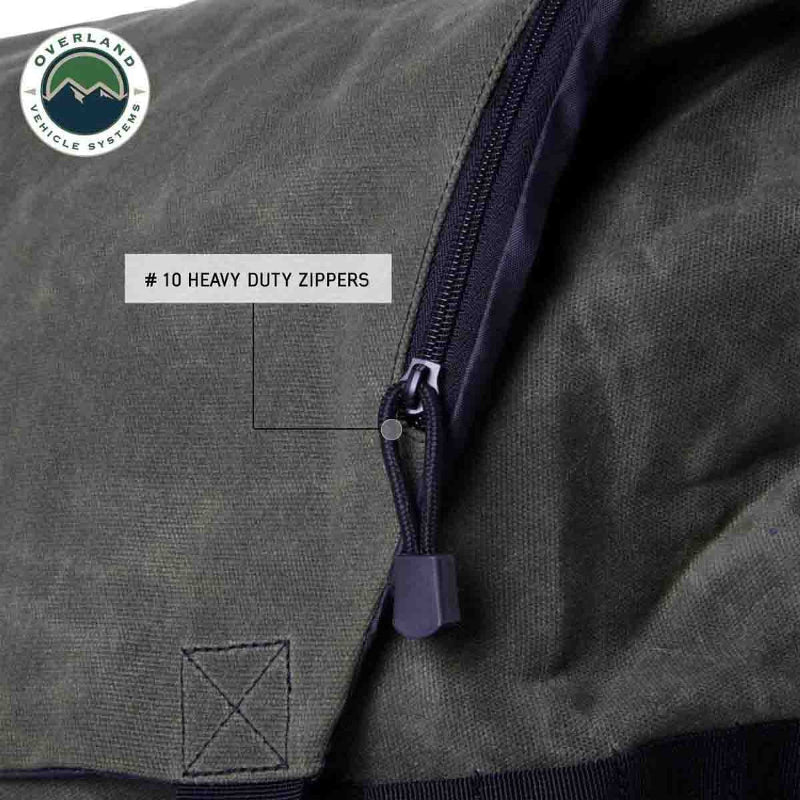 Image of a close-up on a #10 heavy-duty zipper on a green backpack, showcasing its robust construction.
