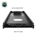 Image of an OVS black steel refrigerator slide from a front-facing, slightly elevated view, highlighting its "MULTIPLE ANCHOR POINTS" and "HEAVY-DUTY HANDLE" with text labels. This emphasizes the slide's robust construction and secure design features for overlanding gear