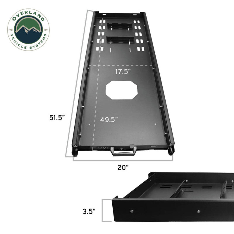 Image of an OVS black steel refrigerator slide from a top-down and side view, with dimensions and product features labeled. This image highlights the precise measurements and the overall compact design of the slide, providing key information for a potential customer