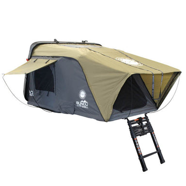 Image of Bundu Hard Shell Roof Top Tent fully deployed with khaki rainfly and grey body, black mesh windows, and telescoping ladder, angled front and side view on white background