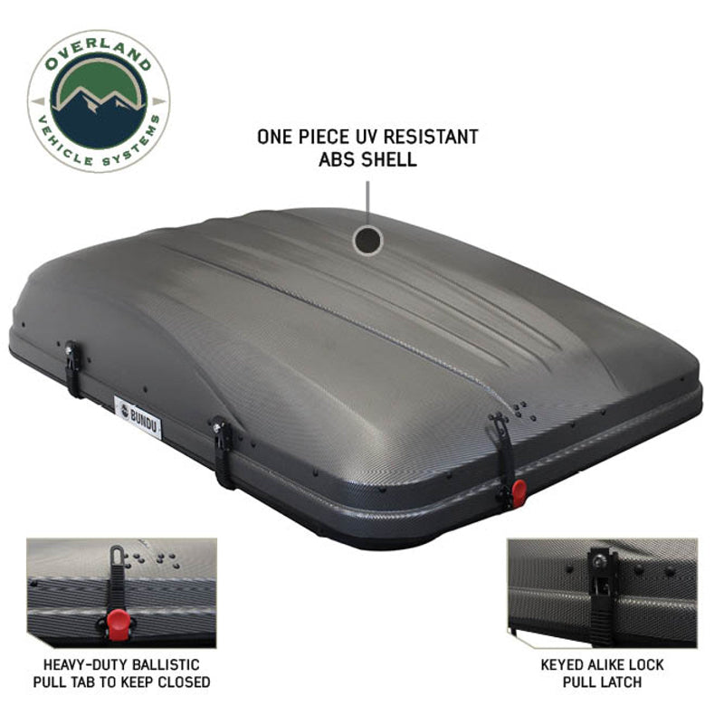 Image of Bundu HD Series roof top tent with UV-resistant ABS shell, top-down view showing heavy-duty ballistic pull tab and keyed alike lock pull latch, black finish with textured surface and secure closure mechanism.