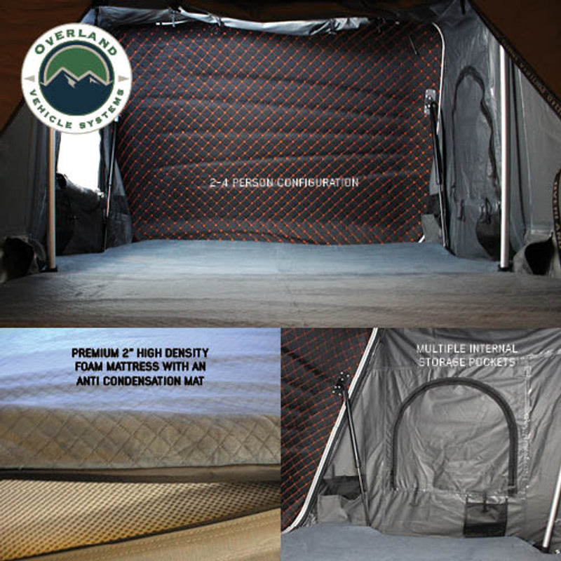 Image of Bundu HD Series roof top tent interior, featuring 2-4 person configuration with premium 2" high-density foam mattress and anti-condensation mat, multiple internal storage pockets, and quilted black and orange fabric wall design.
