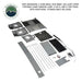 Image of Bundu HD Series roof top tent accessories kit, including tent organizer, two shoe bags, dog ramp, LED light strip, portable camp hanging lamp, two keys, six tent rods, and additional storage bags, all arranged neatly on a white background