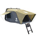 Image of Bundu Hard Shell Roof Top Tent fully deployed with khaki rainfly and grey body, black mesh windows, and telescoping ladder, angled front and side view on white background