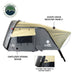Image of Bundu Hard Shell Roof Top Tent in side view, featuring cantilever opening design, khaki 3500PU water-resistant rainfly, grey HD Series body, and six support rods, displayed on white background with Overland Vehicle Systems branding