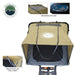 Image of Bundu HD Series roof top tent with integrated skylight, beige fabric with black underside, ballistic nylon pull strap, side view showing clear sky through the skylight, and mounted on a roof rack.