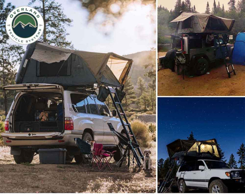 An image collage featuring a white SUV with a Bushveld Hard Shell Roof Top Tent deployed in a forest setting with a small dog and camping chairs, and two smaller inset images showing the tent at dusk and night with interior lights on