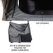 An image showing a close-up of the Bushveld Hard Shell Roof Top Tent's "TENT ENTRANCE" with a "SET OF 2 EXTERIOR SHOE POUCHES FOR ADDED CLEANLINESS" hanging below, against a white background