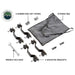 An image displaying the Bushveld Hard Shell Roof Top Tent's accessories, including a "STORAGE BAG," "4 RUBBER END CAP COVERS," "WRENCH INCLUDED," and "4 MOUNTING BRACKETS," laid out on a white background