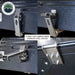 An image collage featuring four close-up views of the "3 HEAVY-DUTY MARINE GRADE STAINLESS STEEL LATCHES" on the Bushveld Hard Shell Roof Top Tent, showcasing their design and operation against a dark textured surface