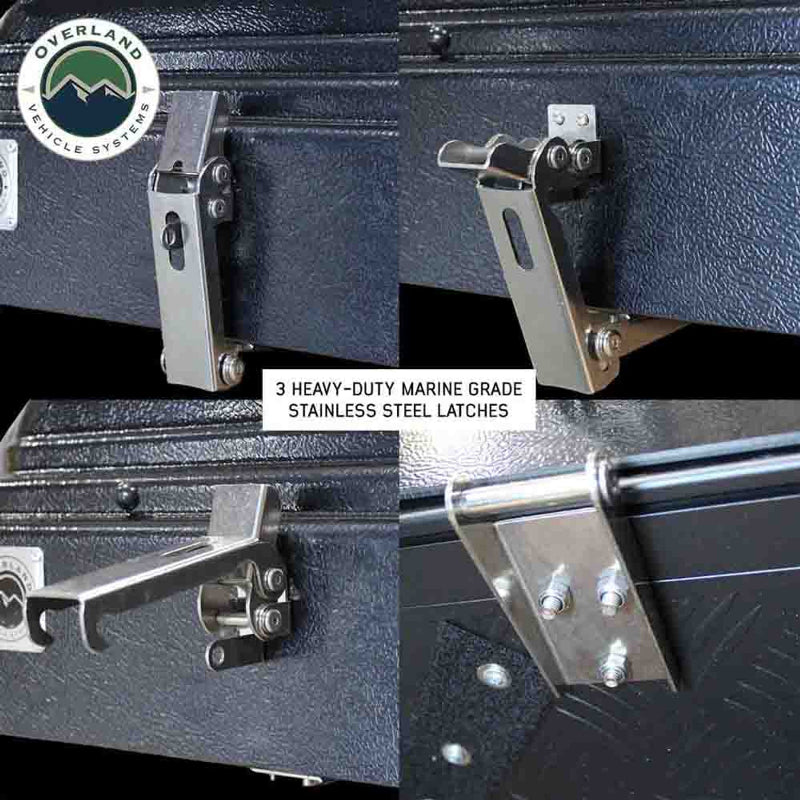 An image collage featuring four close-up views of the "3 HEAVY-DUTY MARINE GRADE STAINLESS STEEL LATCHES" on the Bushveld Hard Shell Roof Top Tent, showcasing their design and operation against a dark textured surface