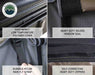 An image collage showcasing four close-up details of the Bushveld Hard Shell Roof Top Tent: a "HIGH IMPACT, LOW TEMPERATURE POLYMER COVER", a "HEAVY DUTY VELCRO WINDOW SEAL", a "DURABLE NYLON RAIN FLY STRAP", and "SELF-CORRECTING HEAVY DUTY ZIPPERS."