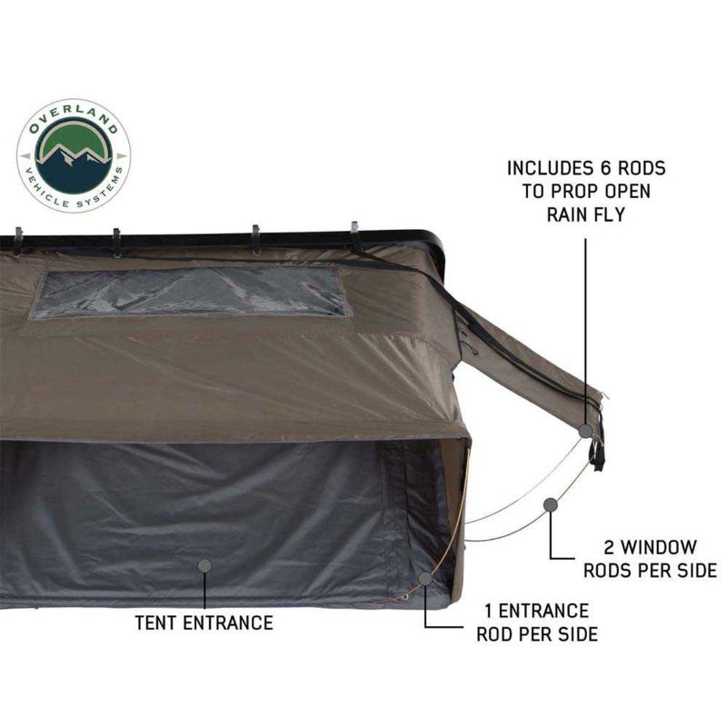 An image showing the side of a Bushveld Hard Shell Roof Top Tent, highlighting the "TENT ENTRANCE," that it "INCLUDES 6 RODS TO PROP OPEN RAIN FLY," with "2 WINDOW RODS PER SIDE" and "1 ENTRANCE ROD PER SIDE," against a white background