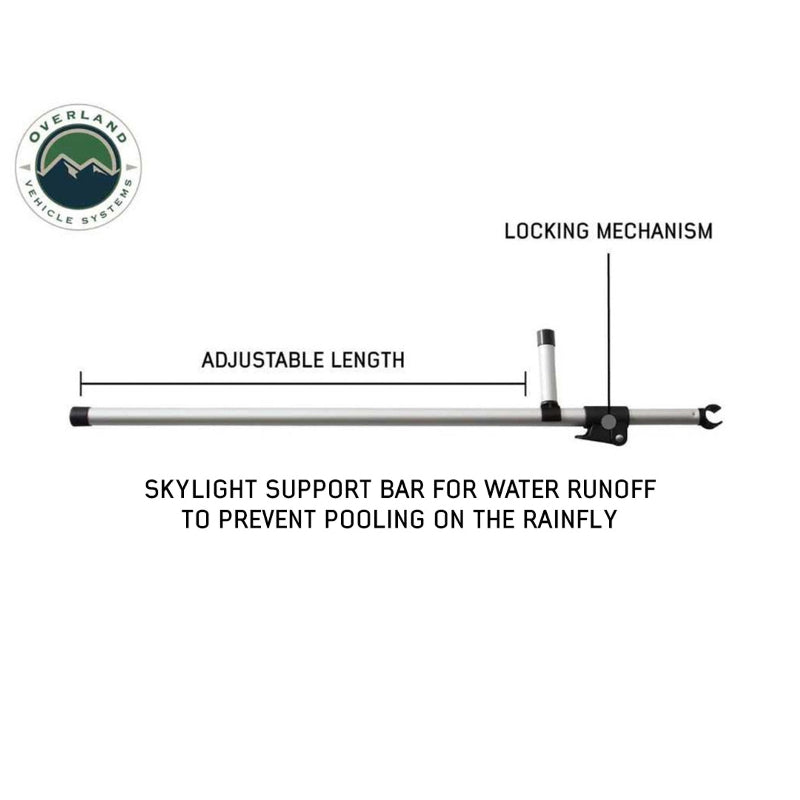 An image of a silver "SKYLIGHT SUPPORT BAR FOR WATER RUNOFF TO PREVENT POOLING ON THE RAINFLY," shown horizontally with labels indicating its "ADJUSTABLE LENGTH" and "LOCKING MECHANISM," on a white background
