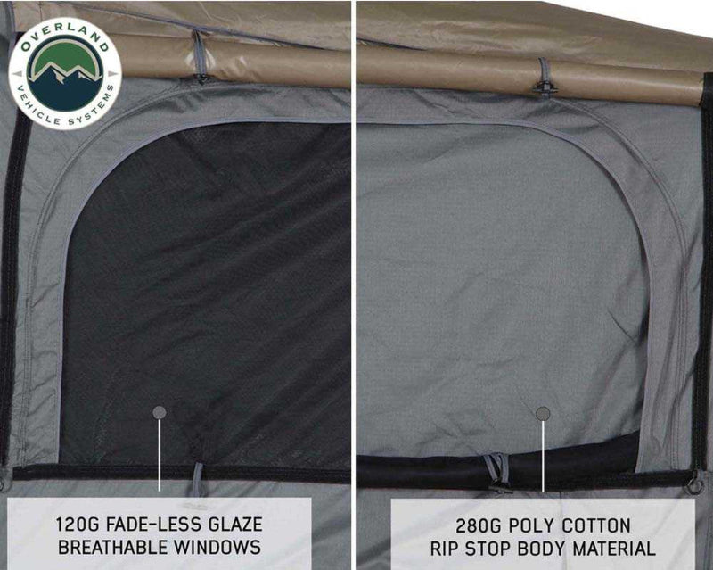 An image split into two close-up sections, the left showing the "120G FADE-LESS GLAZE BREATHABLE WINDOWS" with mesh, and the right showing the "280G POLY COTTON RIP STOP BODY MATERIAL" of the Bushveld Hard Shell Roof Top Tent