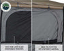 An image split into two close-up sections, the left showing the "120G FADE-LESS GLAZE BREATHABLE WINDOWS" with mesh, and the right showing the "280G POLY COTTON RIP STOP BODY MATERIAL" of the Bushveld Hard Shell Roof Top Tent