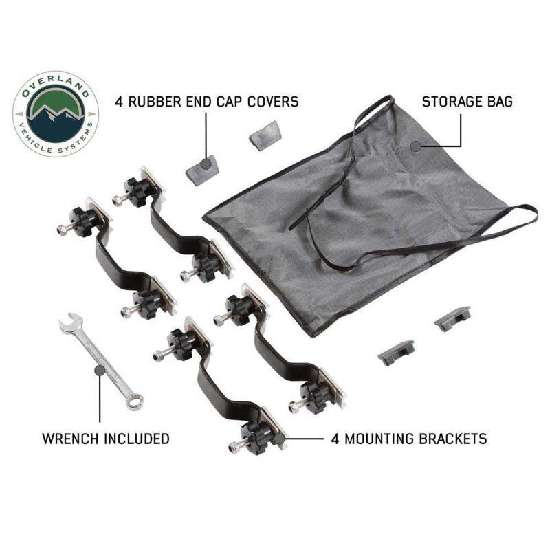 Image of OVS HD Bushveld II Hard Shell Roof Top Tent accessories kit, featuring 4 rubber end cap covers, 4 mounting brackets, a wrench, and a storage bag, all arranged on a white background