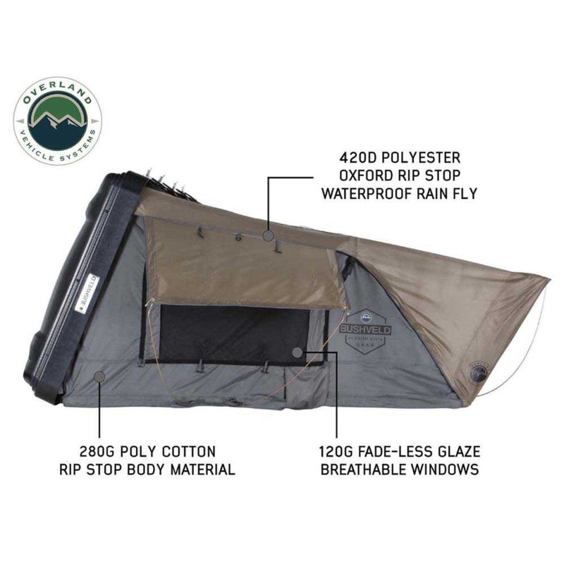 Image of OVS HD Bushveld II Hard Shell Roof Top Tent, side view showing the 420D polyester oxford rip-stop waterproof rainfly, 280G poly cotton rip-stop body material, and 120G fade-less glaze breathable windows