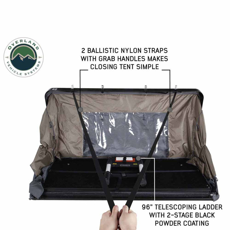 Image of OVS HD Bushveld II Hard Shell Roof Top Tent, featuring two ballistic nylon straps with grab handles for easy closing, a 96” telescoping ladder with 2-stage black powder coating, and the tent in an open position