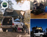 Image of OVS HD Bushveld II Hard Shell Roof Top Tent mounted on different vehicles, featuring open tents with ladders for easy access, set against scenic outdoor landscapes during daytime and nighttime
