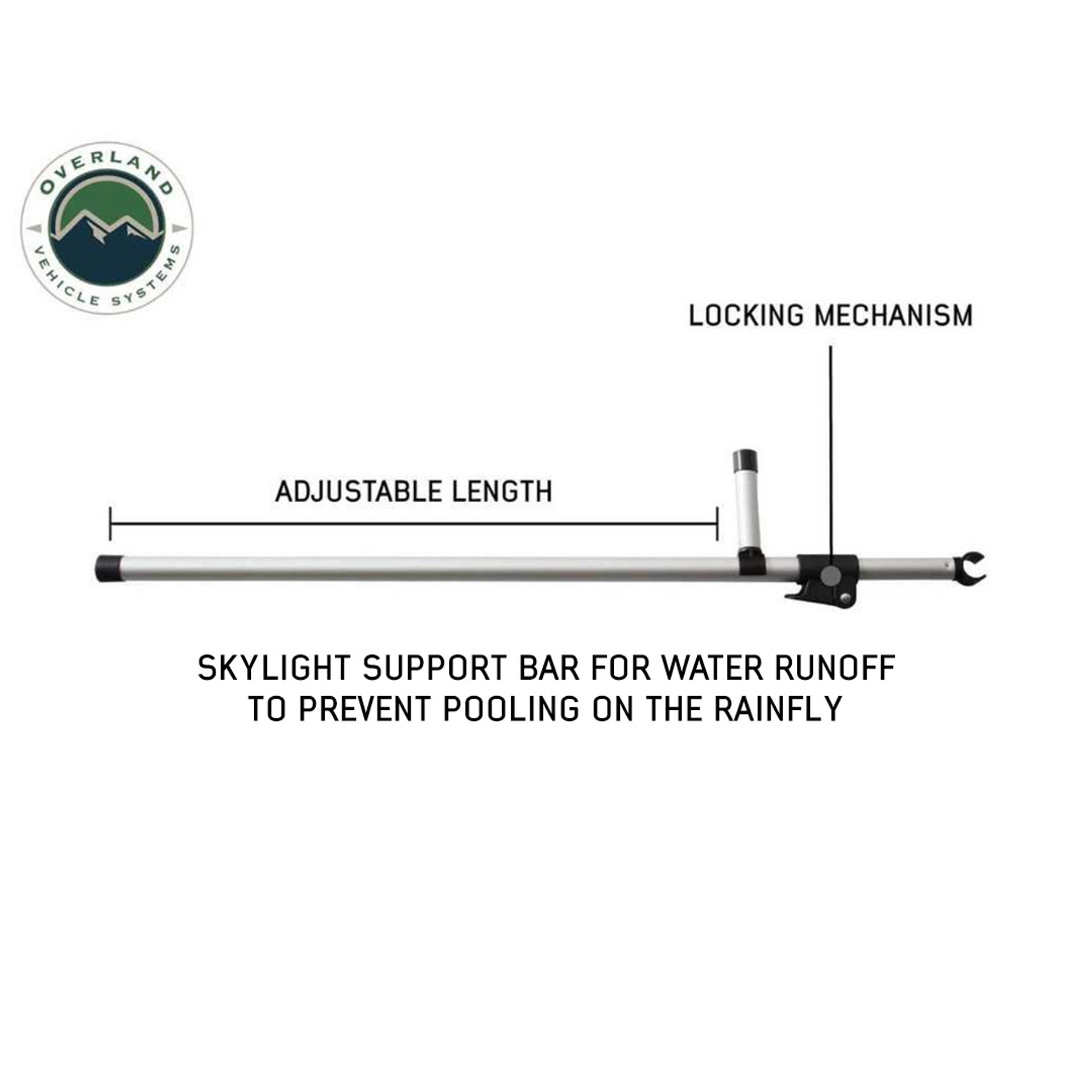 Image of adjustable Skylight Support Bar with locking mechanism, designed to prevent pooling on the rainfly by supporting water runoff, shown with detailed measurements on a white background
