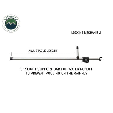 Image of adjustable Skylight Support Bar with locking mechanism, designed to prevent pooling on the rainfly by supporting water runoff, shown with detailed measurements on a white background