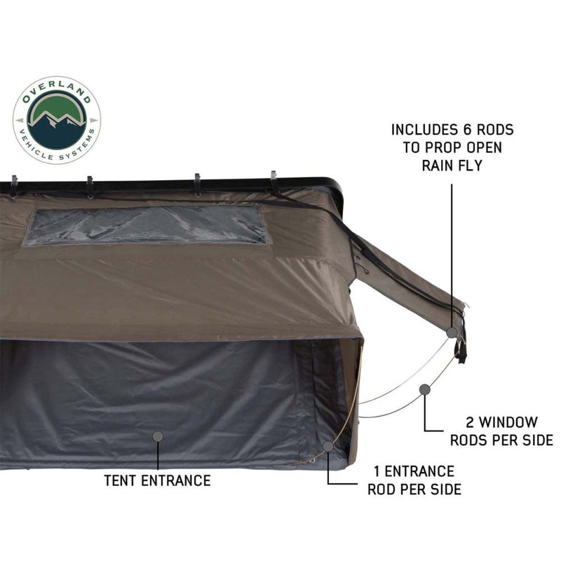 Image of OVS HD Bushveld II Hard Shell Roof Top Tent with tan rainfly and grey body, showing the tent entrance, six rods to prop open the rainfly, two window rods per side, and one entrance rod per side