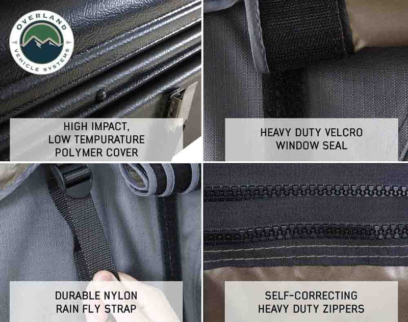Image of OVS HD Bushveld II Hard Shell Roof Top Tent details, featuring high impact, low-temperature polymer cover, heavy-duty Velcro window seal, durable nylon rain fly strap, and self-correcting heavy-duty zippers