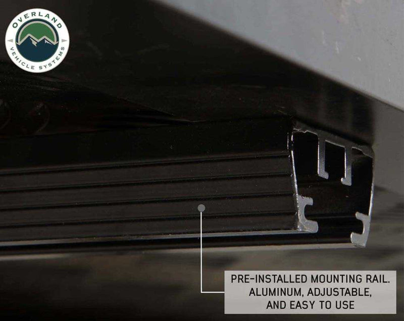 Image of OVS HD Bushveld II Hard Shell Roof Top Tent, showing the pre-installed aluminum mounting rail, adjustable and easy to use, with a close-up view of the rail detail