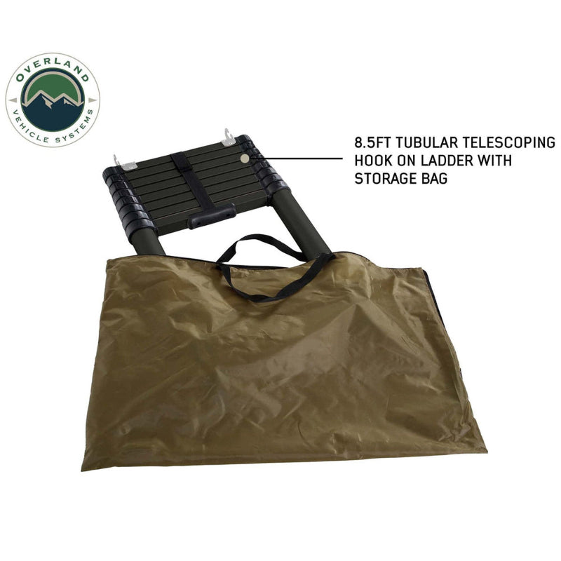 Image of Mamba Clam Shell Roof Top Tent showing the 8.5ft tubular telescoping hook on ladder with storage bag, angled view on a white background