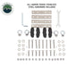 Image of Mamba Clam Shell Roof Top Tent hardware kit, featuring marine-grade stainless steel components including bolts, washers, screws, brackets, wrenches, and an allen key, arranged neatly on a white background