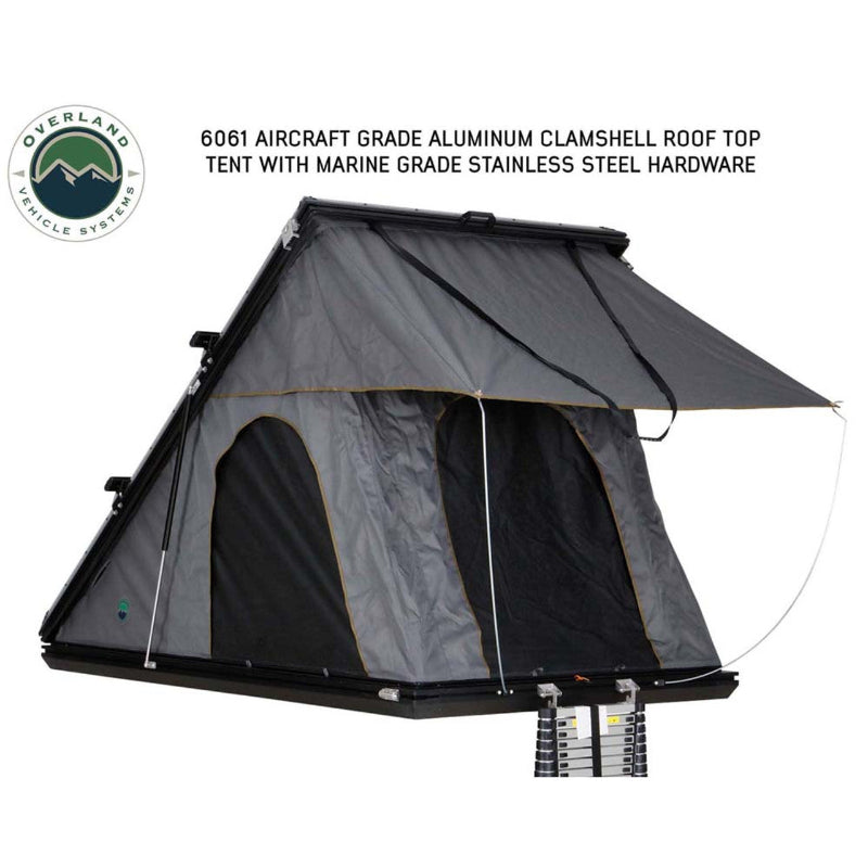 Image of Mamba Clam Shell Roof Top Tent made with 6061 aircraft grade aluminum, featuring marine-grade stainless steel hardware, with an angled side view on a white background