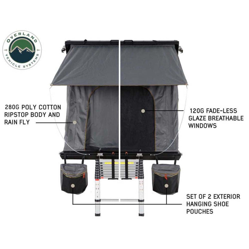 Image of Mamba Clam Shell Roof Top Tent with 280G poly-cotton ripstop body and rain fly, featuring 120G fade-less glaze breathable windows, and a set of 2 exterior hanging shoe pouches, front view with ladder on white background