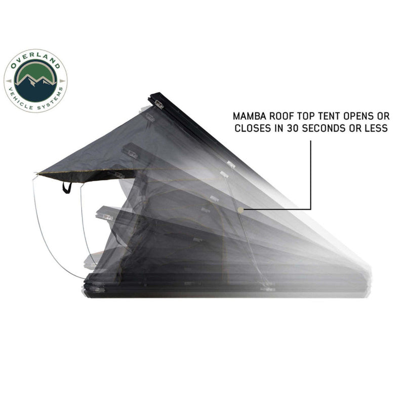 Image of Mamba 3 Clam Shell Roof Top Tent showing the tent opening and closing in under 30 seconds, with a smooth transition effect, side view on a white background.
