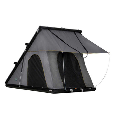 Image of Mamba Clam Shell Roof Top Tent partially opened, featuring grey fabric with black mesh sides, angled front and side view on white background