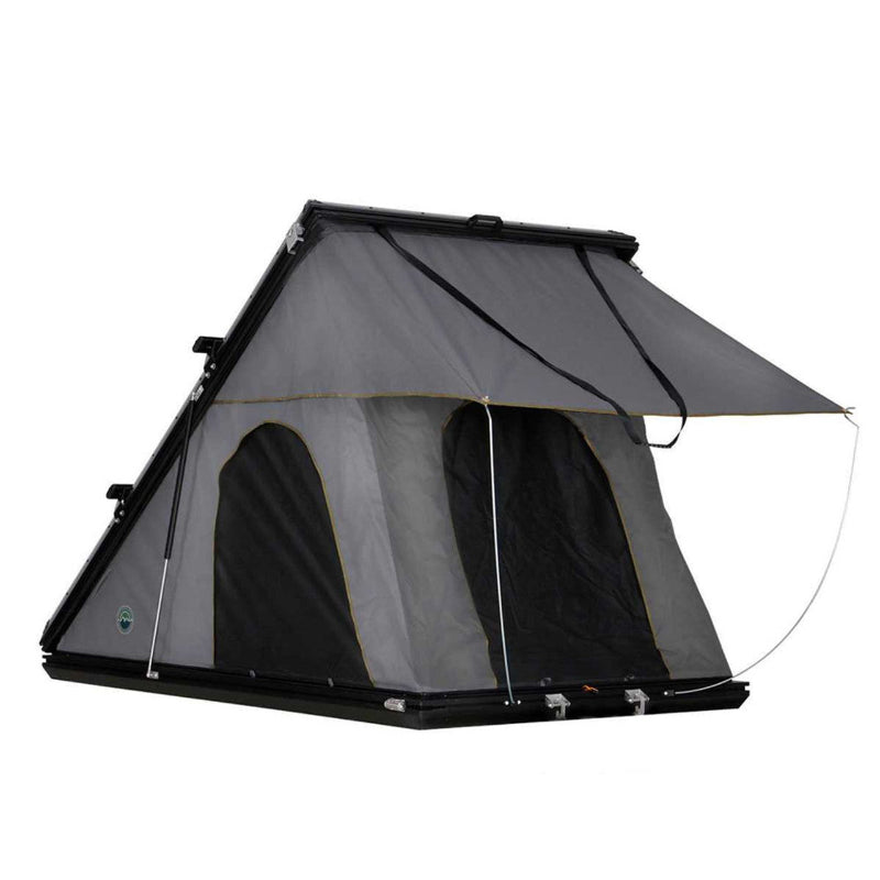 Image of Mamba Clam Shell Roof Top Tent partially opened, featuring grey fabric with black mesh sides, angled front and side view on white background
