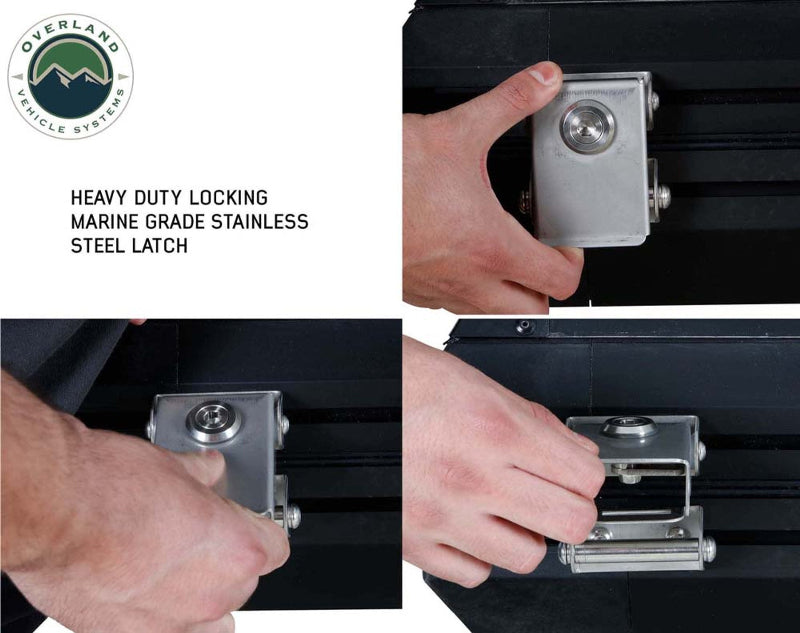 Image of Mamba Clam Shell Roof Top Tent showcasing the heavy-duty locking marine-grade stainless steel latch, with close-up views of the latch being locked and unlocked, on a white background