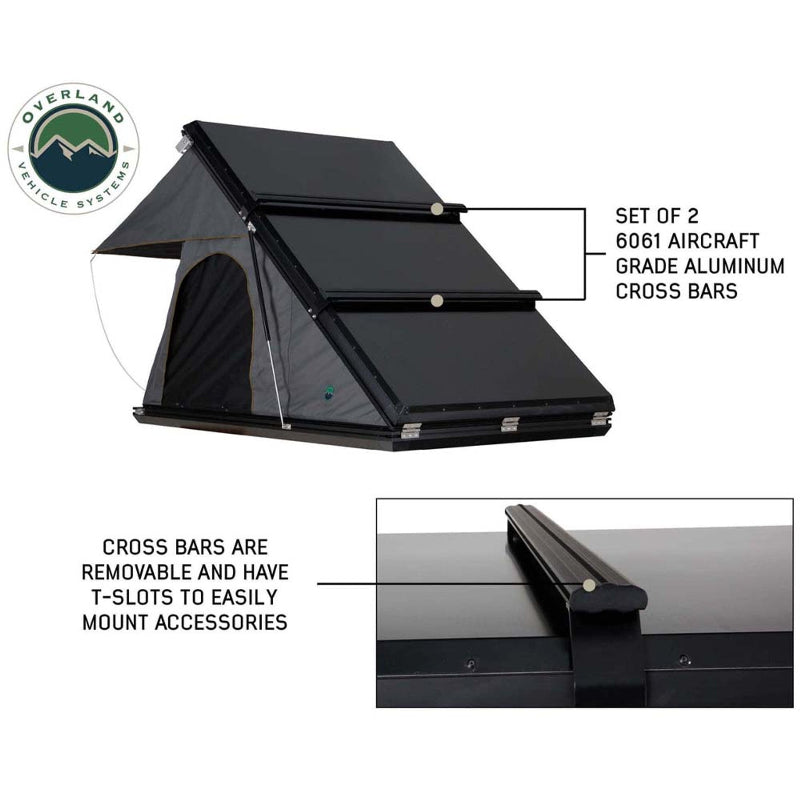 Image of Mamba Clam Shell Roof Top Tent with two 6061 aircraft grade aluminum cross bars, featuring removable cross bars with T-slots for easy accessory mounting, angled side view on white background