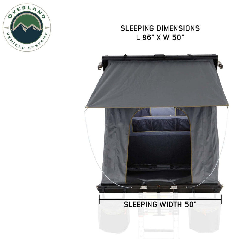 Image of Mamba Clam Shell Roof Top Tent showing sleeping dimensions: length 86", width 50", with a view of the interior and sleeping area, front view on a white background