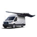 Image of the OVS Nomadic 180 Awning fully deployed on a white Ford van, dark grey fabric with a black underside, angled front and side view on a white background