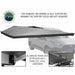 Image of the OVS Nomadic 180 Awning fully deployed on a vehicle, highlighting its self-supporting design with light grey fabric and a black underside. The image includes close-up insets of the aluminum frame and stainless steel hardware
