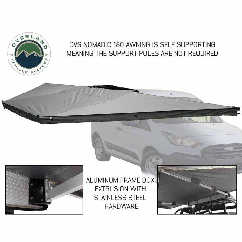 Image of the OVS Nomadic 180 Awning fully deployed on a vehicle, highlighting its self-supporting design with light grey fabric and a black underside. The image includes close-up insets of the aluminum frame and stainless steel hardware